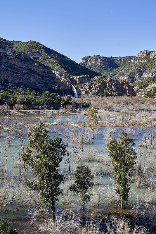 Beautiful vertical landscape of the waterfall near the old town of Domeño on a rocky mountain full of vegetation and the Turia river with three trees in the foreground, in Valencia, Spain
